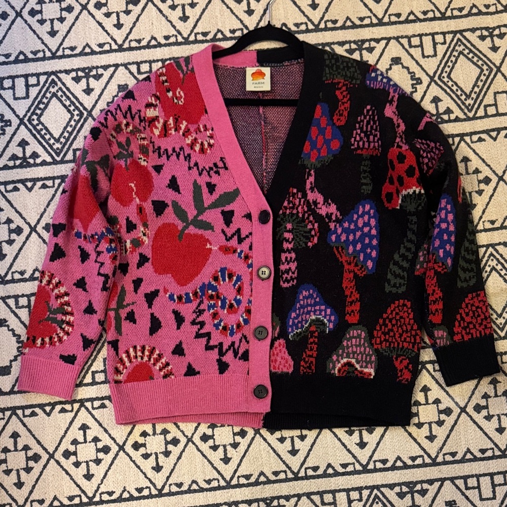 FARM Rio Pink and Black Mixed Pattern Cardigan with Red Apple Motif Oversized